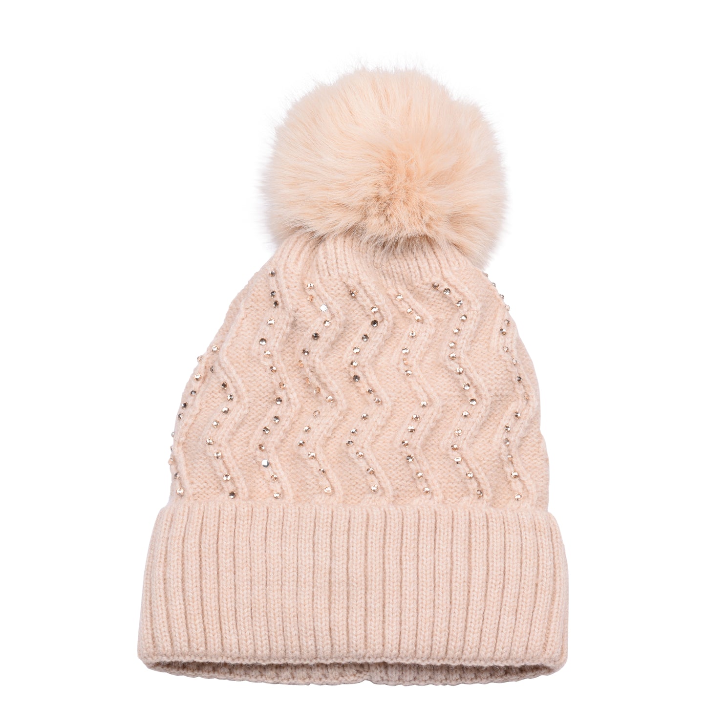 Knitted Diamante Pompom Hats - Classic Zigzag