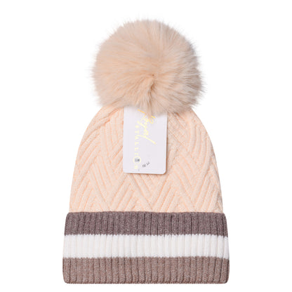 Soft Herringbone & Stripe Combo Pompom Hats - Luxury Fur Lined