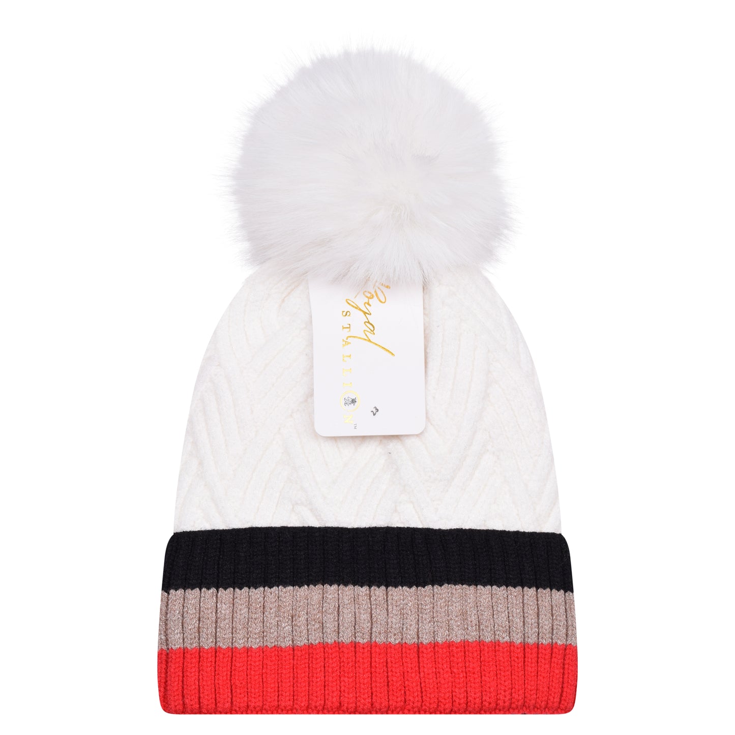 Soft Herringbone & Stripe Combo Pompom Hats - Luxury Fur Lined