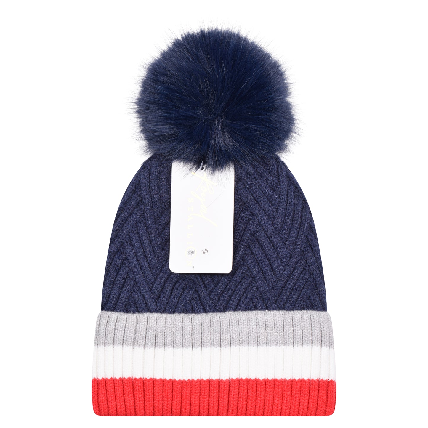 Soft Herringbone & Stripe Combo Pompom Hats - Luxury Fur Lined