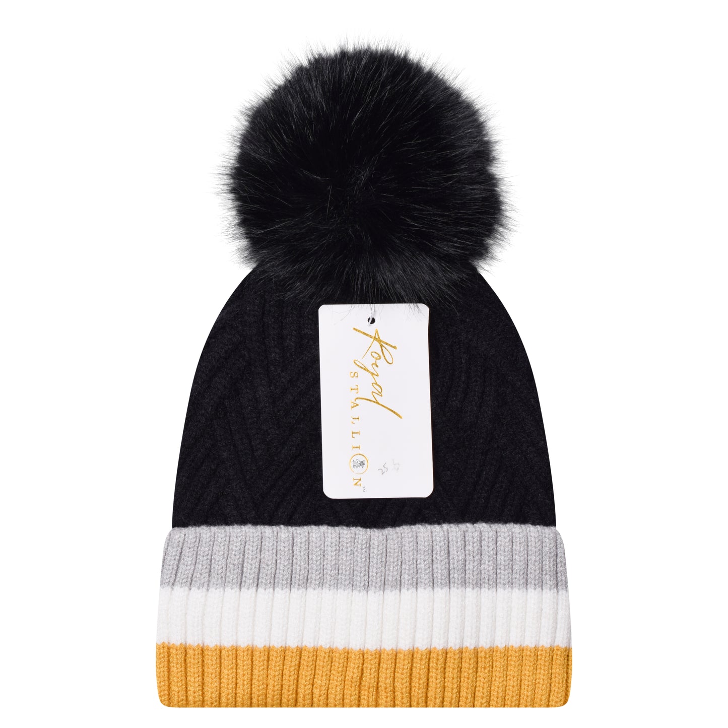 Soft Herringbone & Stripe Combo Pompom Hats - Luxury Fur Lined