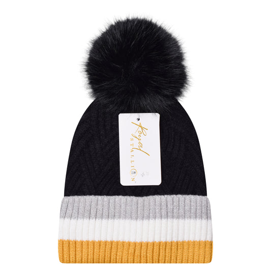 Soft Herringbone & Stripe Combo Pompom Hats - Luxury Fur Lined