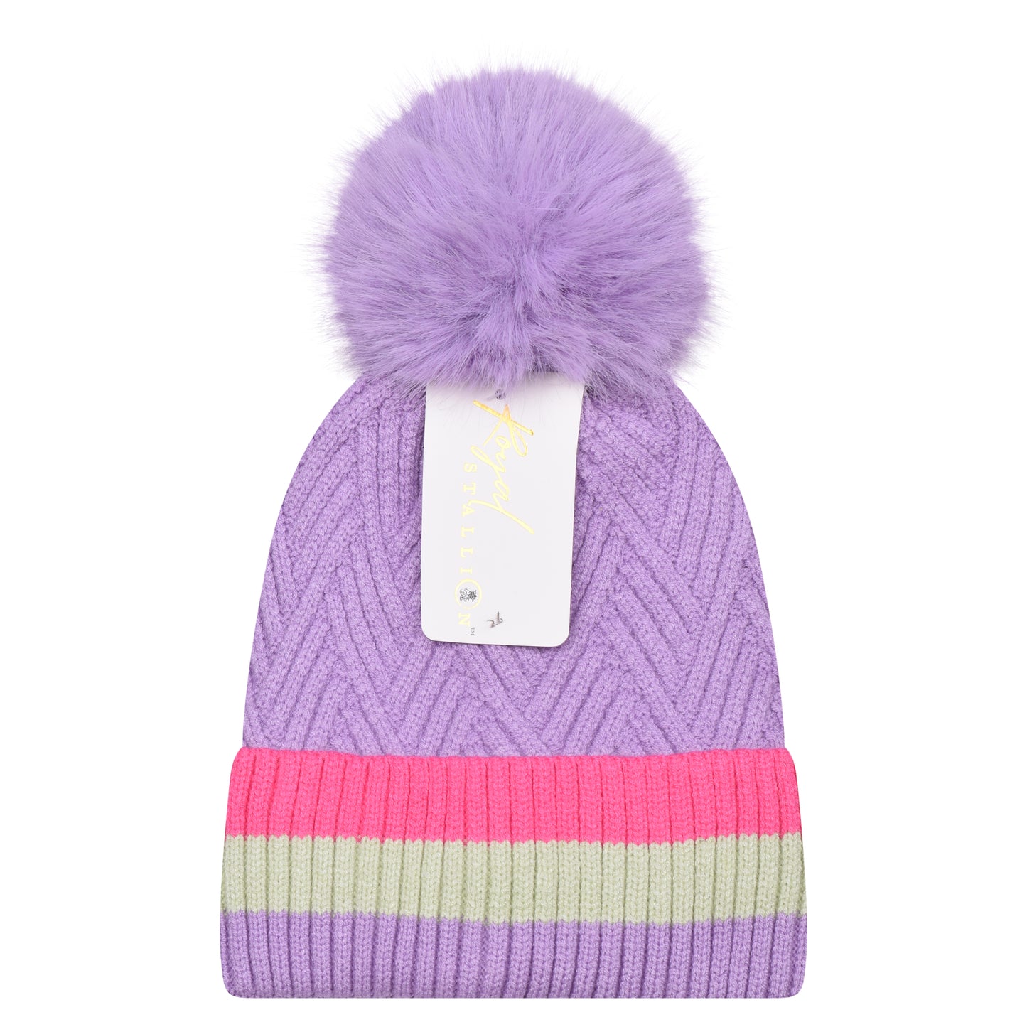 Soft Herringbone & Stripe Combo Pompom Hats - Luxury Fur Lined