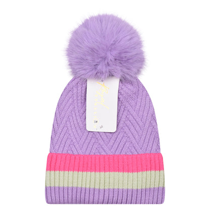 Soft Herringbone & Stripe Combo Pompom Hats - Luxury Fur Lined