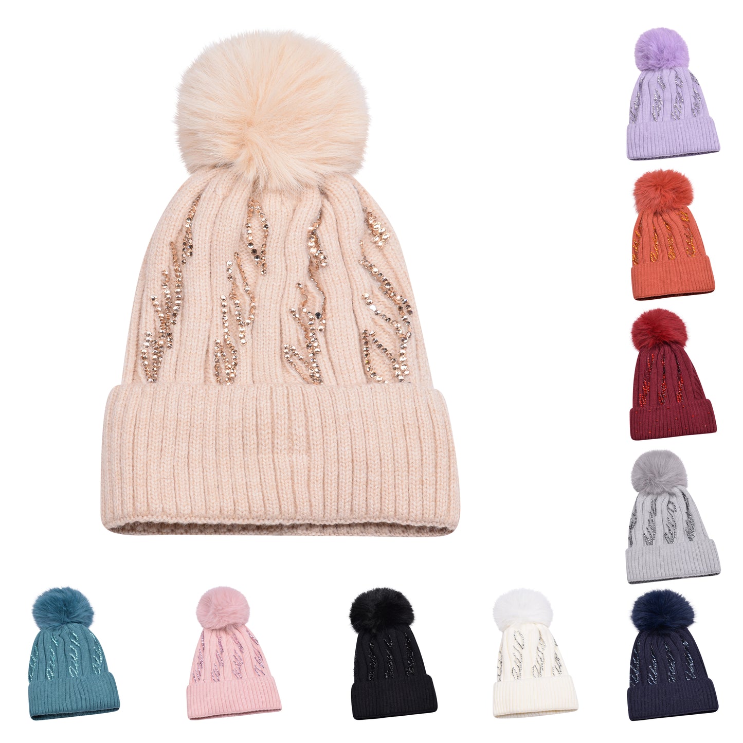 Knitted Diamante Pompom Hats - Casual Chic