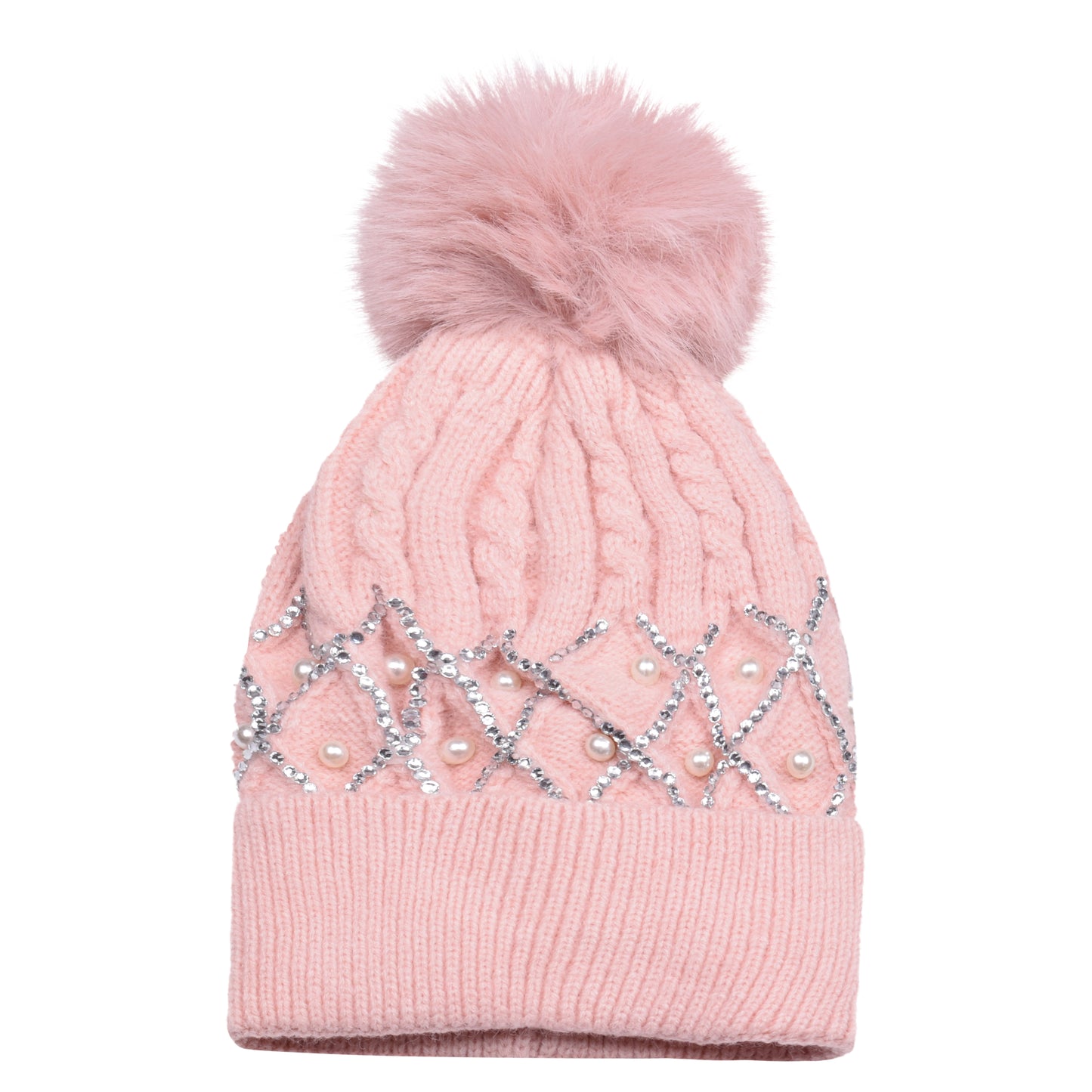 Knitted Diamante Pompom Hats - Criss Cross Pearls