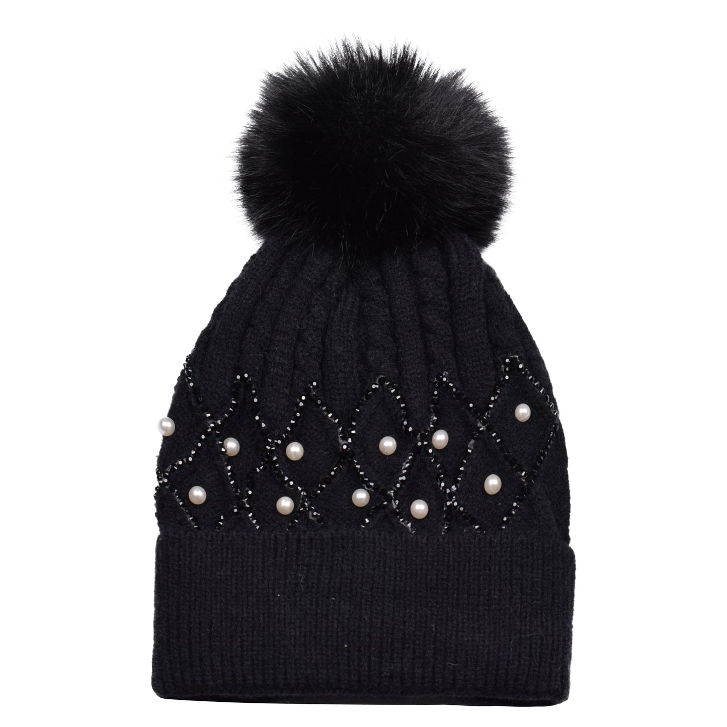 Knitted Diamante Pompom Hats - Criss Cross Pearls