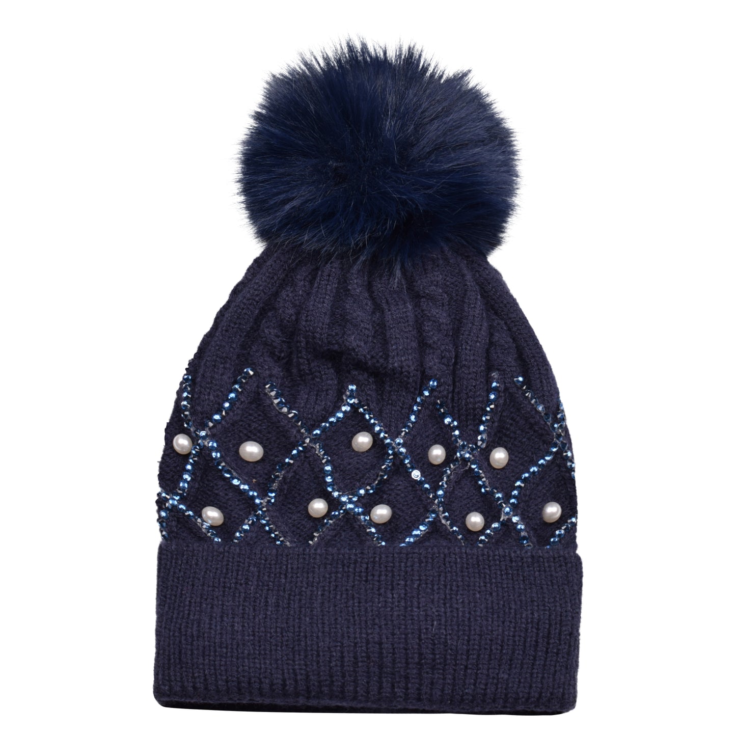 Knitted Diamante Pompom Hats - Criss Cross Pearls