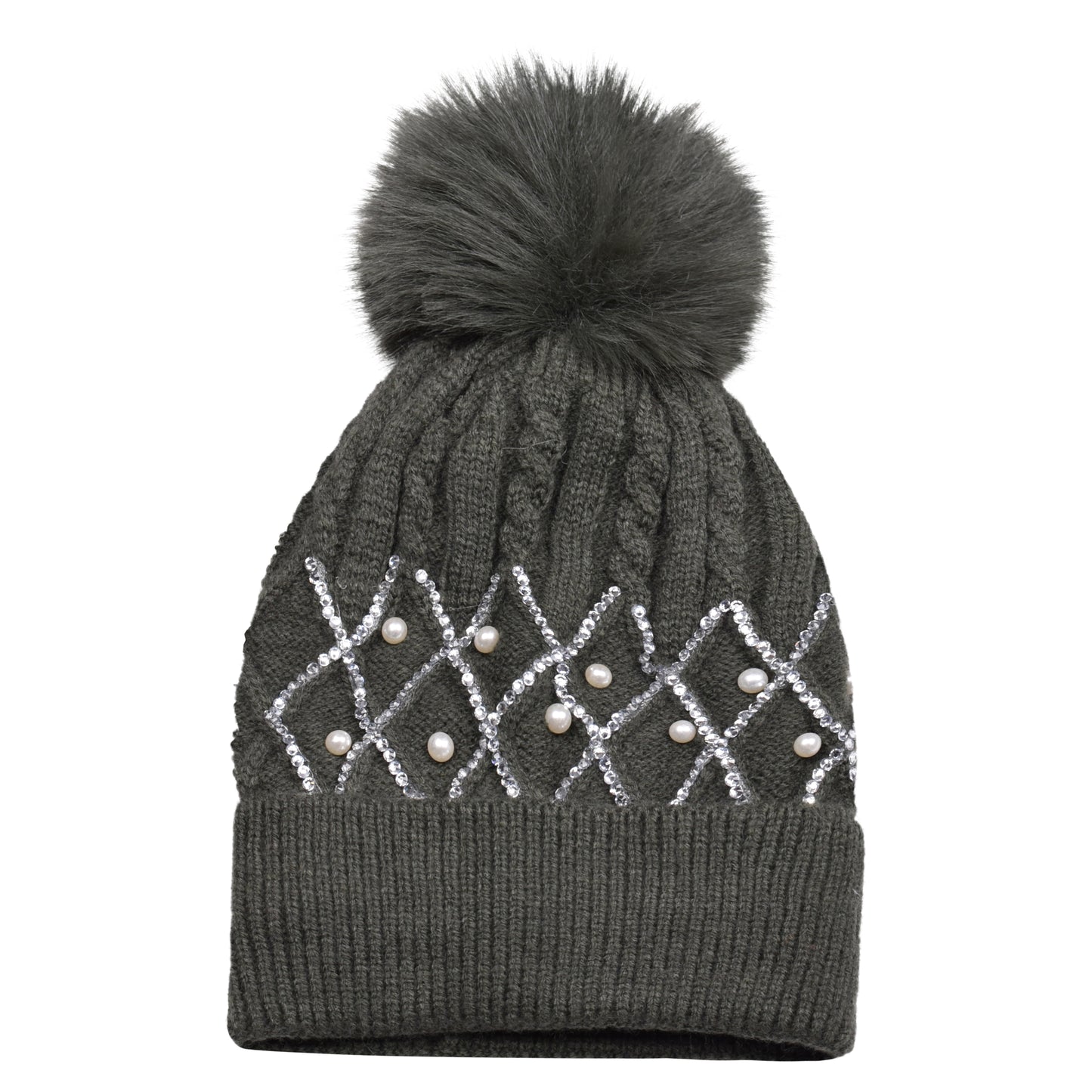 Knitted Diamante Pompom Hats - Criss Cross Pearls