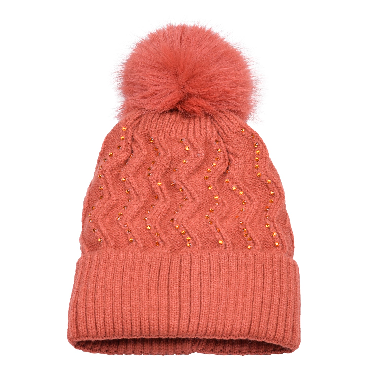 Knitted Diamante Pompom Hats - Classic Zigzag