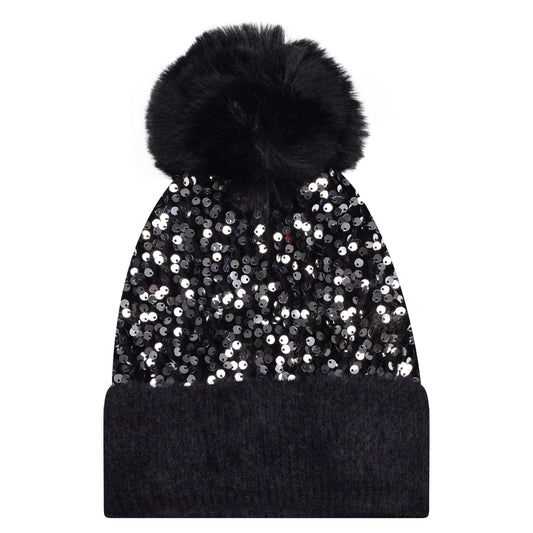 Sequin Pompom Hats - Luxury Fur Lined