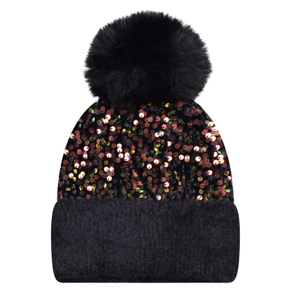 Sequin Pompom Hats - Luxury Fur Lined