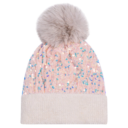 Sequin Pompom Hats - Luxury Fur Lined