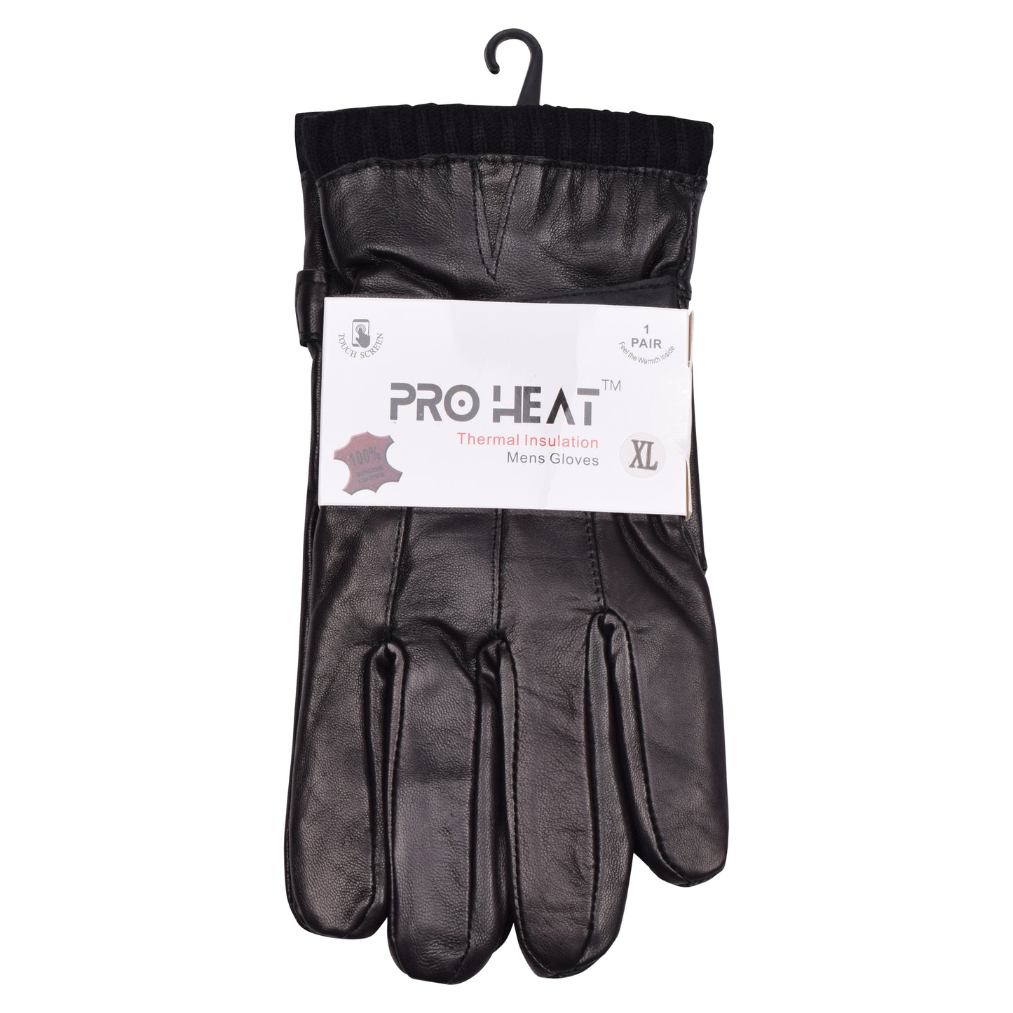 Mens Pro Heat Touchscreen Leather Gloves with Adjustable Strap - Black (12 Pairs)