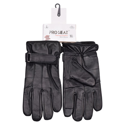 Mens Pro Heat Touchscreen Leather Gloves with Velcro Strap - Black (12 Pairs)