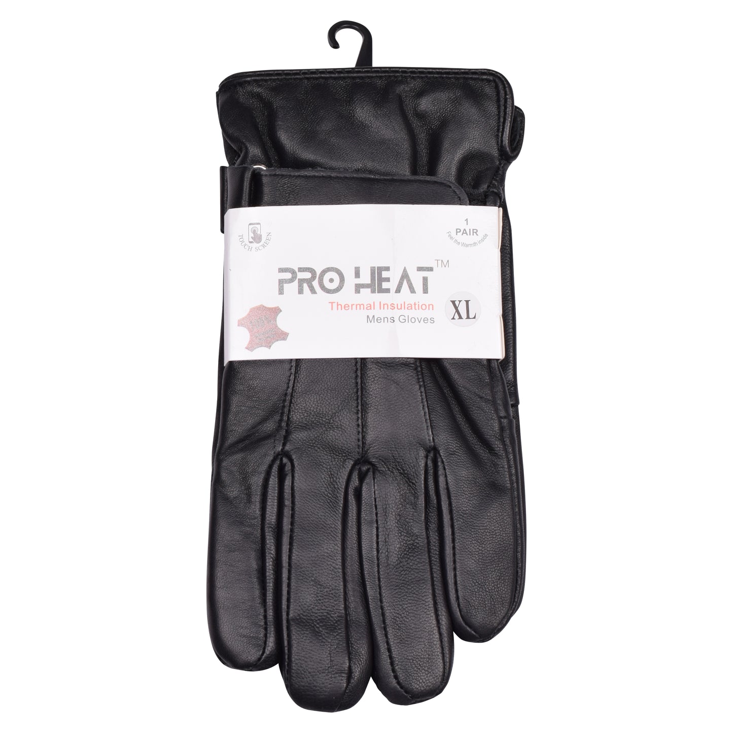 Mens Pro Heat Touchscreen Leather Gloves with Velcro Strap - Black (12 Pairs)