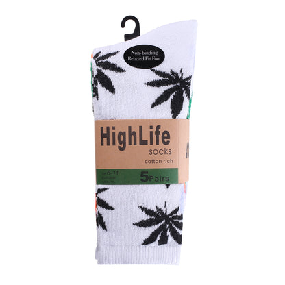 Mens 5 Pair Pair Sport Socks - White Multi Ganja Leaf (30 Pairs)