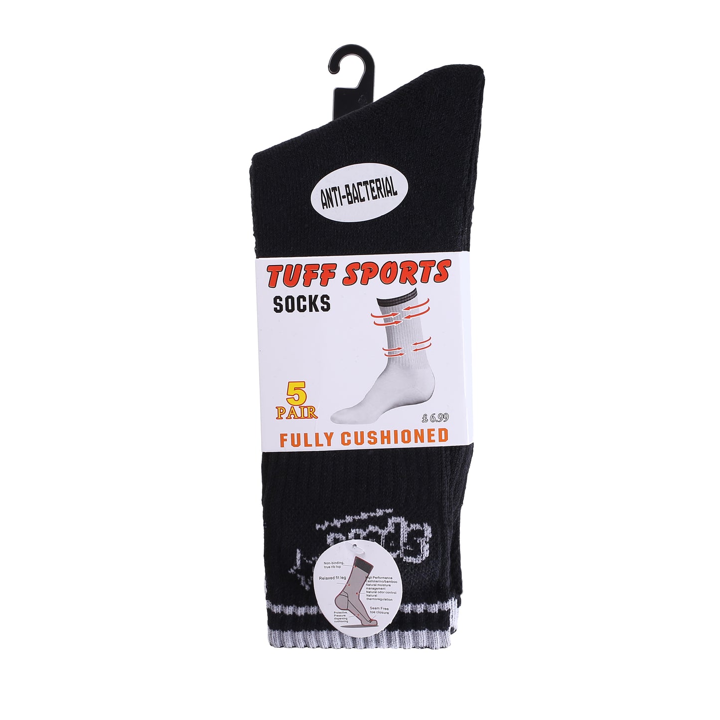 Mens 5 Pair Pair Sport Socks - Black/ Sport Cuff (30 Pairs)