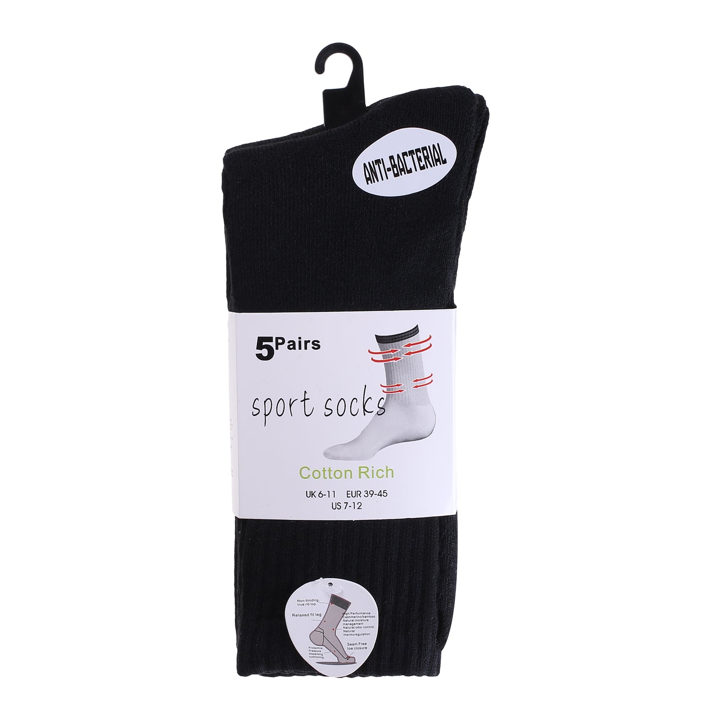 Mens 5 Pair Pair Sport Socks - Plain Black (30 Pairs)