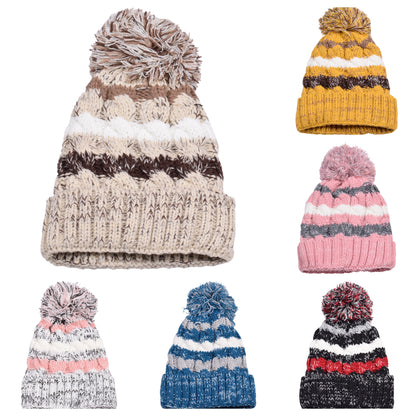 Striped Pompom Hats - Teddy Fur Fleece Lined
