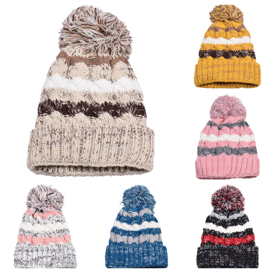 Striped Pompom Hats - Teddy Fur Fleece Lined