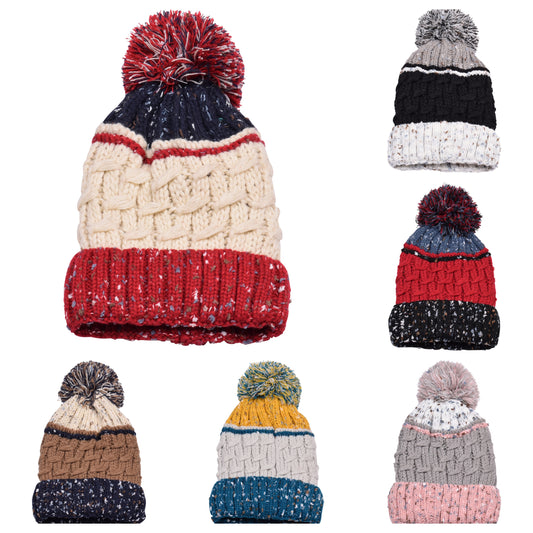 Thin Stripe Pompom Hats - Teddy Fur Fleece Lined