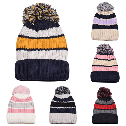 Thick Stripe Pompom Hats - Teddy Fur Fleece Lined