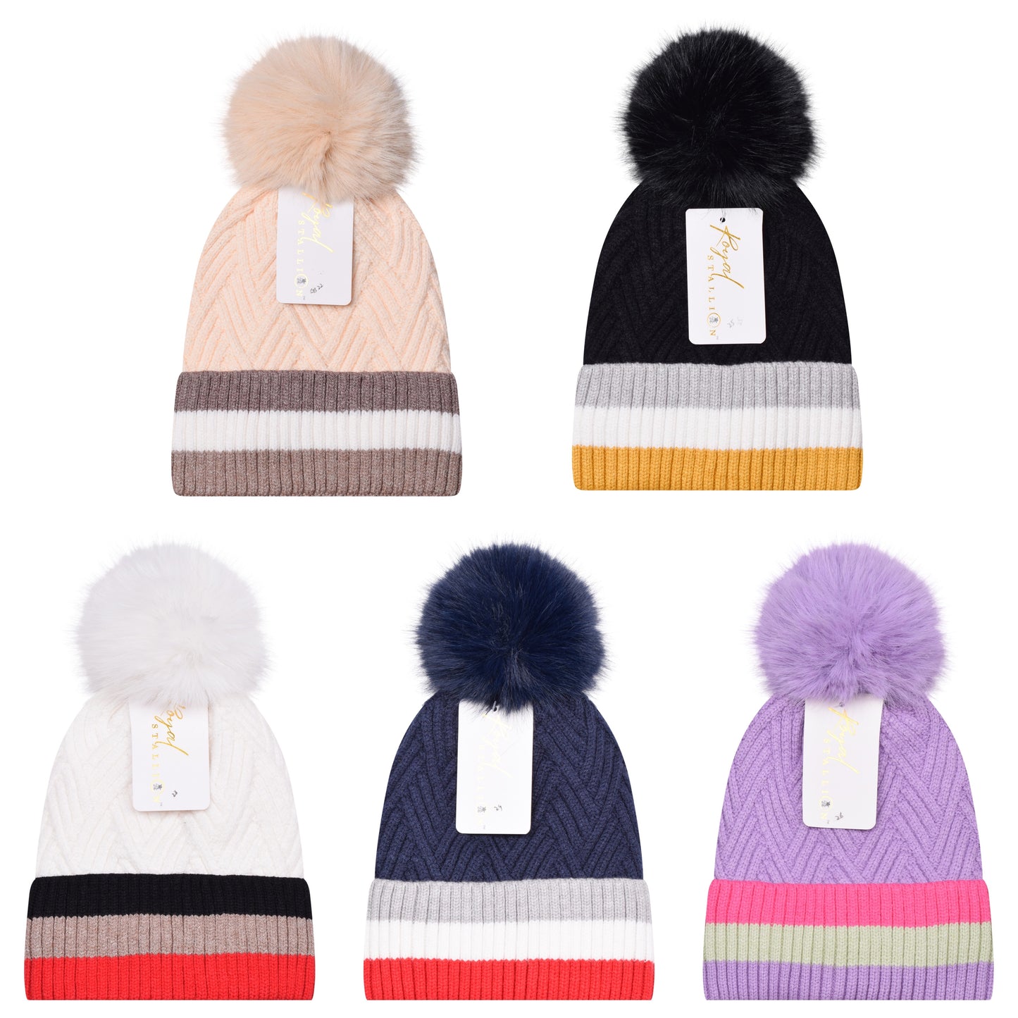 Soft Herringbone & Stripe Combo Pompom Hats - Luxury Fur Lined
