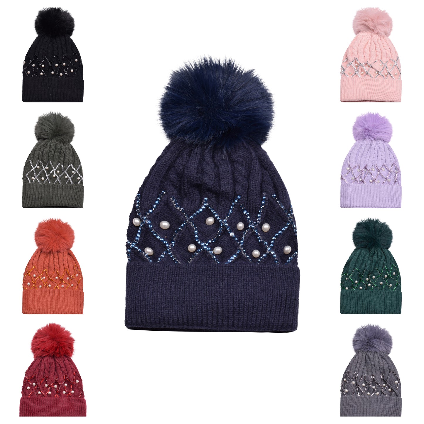 Knitted Diamante Pompom Hats - Criss Cross Pearls