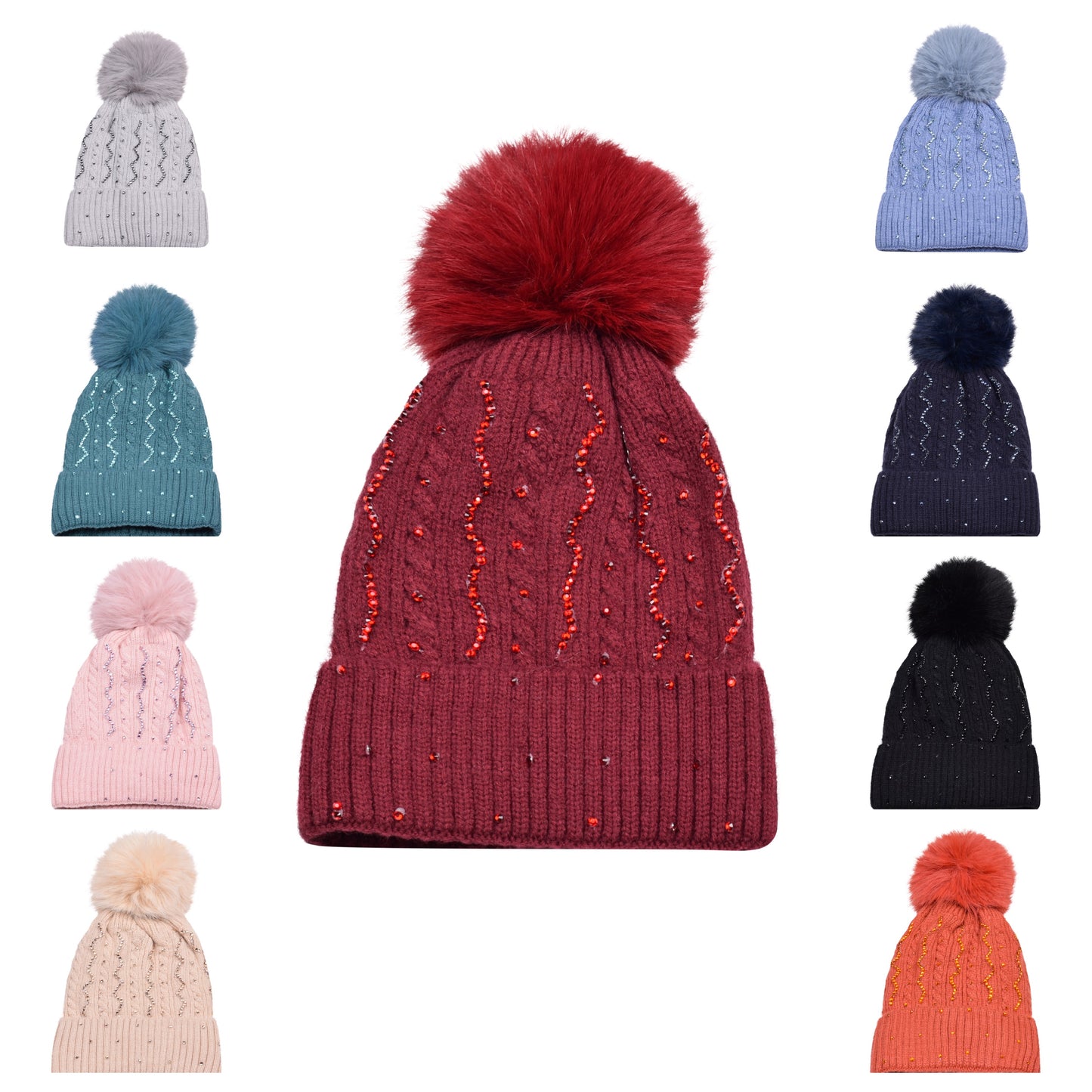 Knitted Diamante Pompom Hats - Sparkling Zigzag