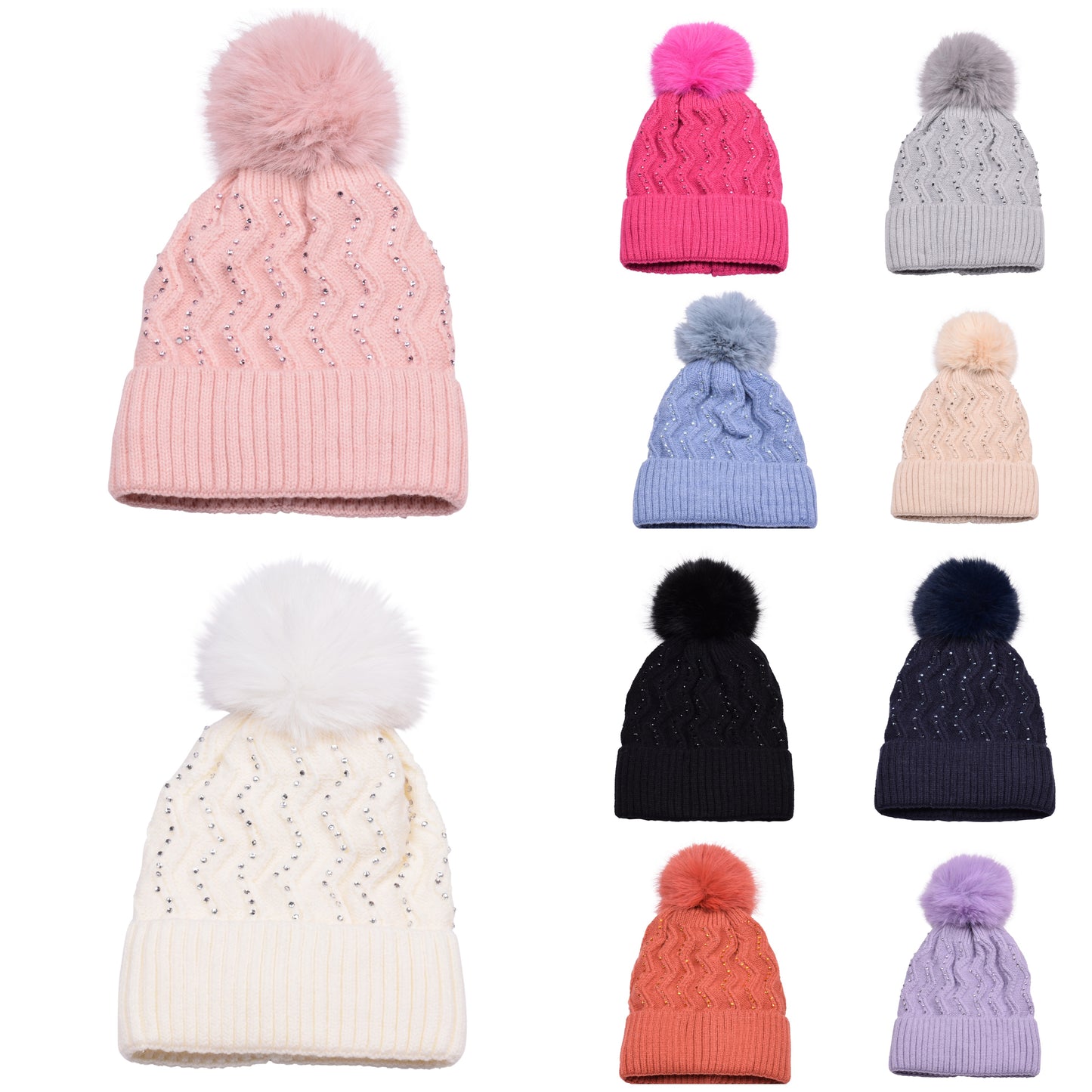 Knitted Diamante Pompom Hats - Classic Zigzag