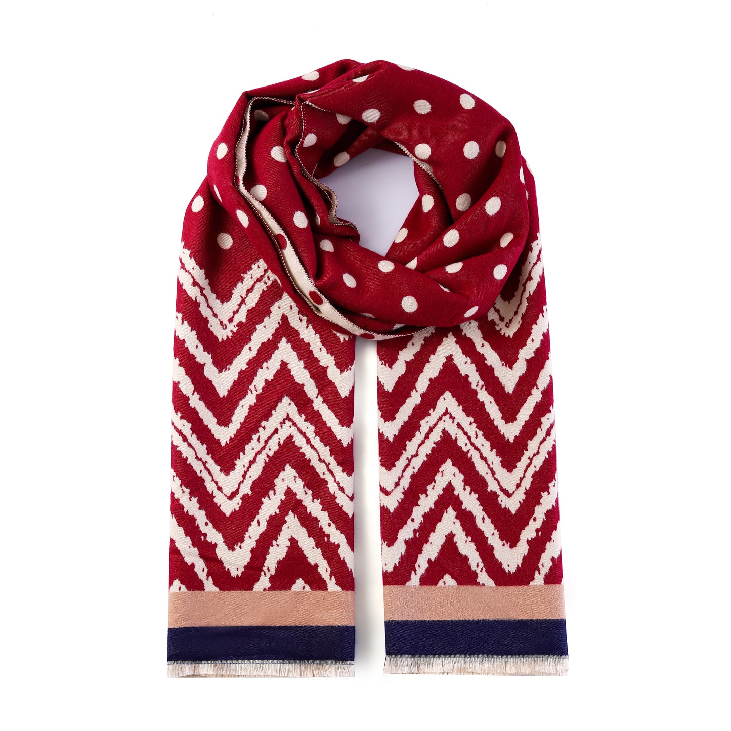 Luxurious Double Sided Jacquard Scarf - Polka Dot & Chevron Harmony