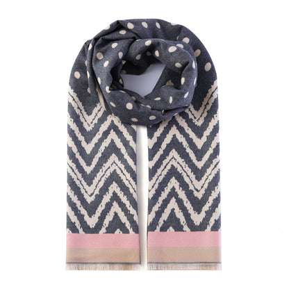 Luxurious Double Sided Jacquard Scarf - Polka Dot & Chevron Harmony