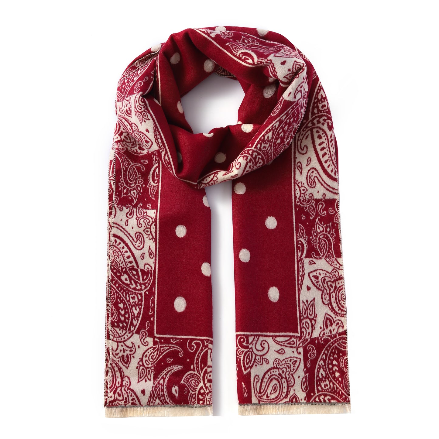 Luxurious Double Sided Jacquard Scarf - Polka Dots with Paisley Border