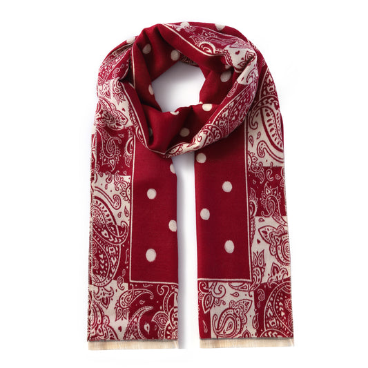 Luxurious Double Sided Jacquard Scarf - Polka Dots with Paisley Border