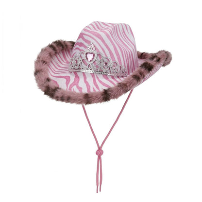 Zebra Print Tiara Fur Trim Cowboy Hat
