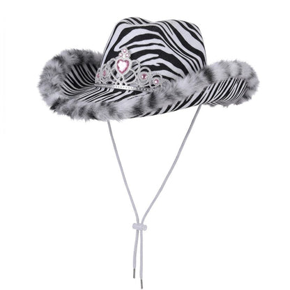 Zebra Print Tiara Fur Trim Cowboy Hat