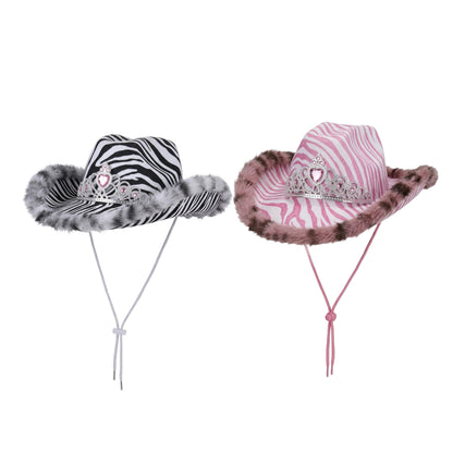 Zebra Print Tiara Fur Trim Cowboy Hat