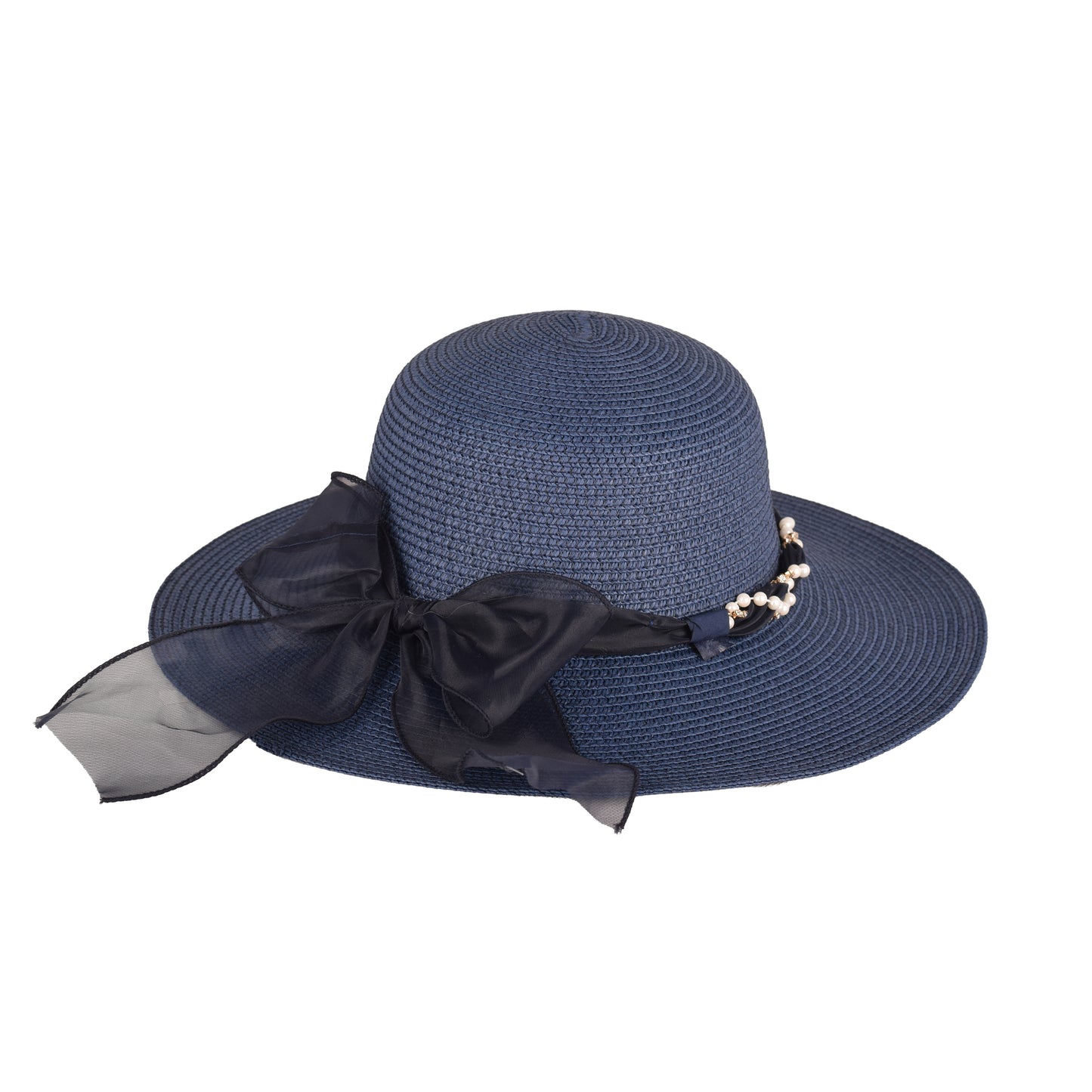 Ladies Elegant Wide-Brim Sun Hat with Sheer Bow and Pearl Accents - LHT-18