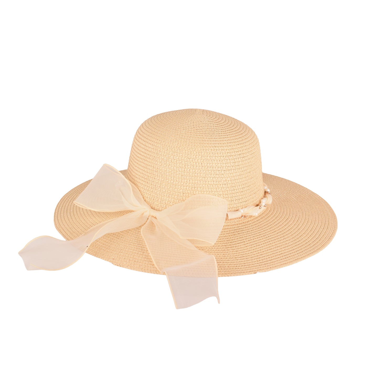 Ladies Elegant Wide-Brim Sun Hat with Sheer Bow and Pearl Accents - LHT-18