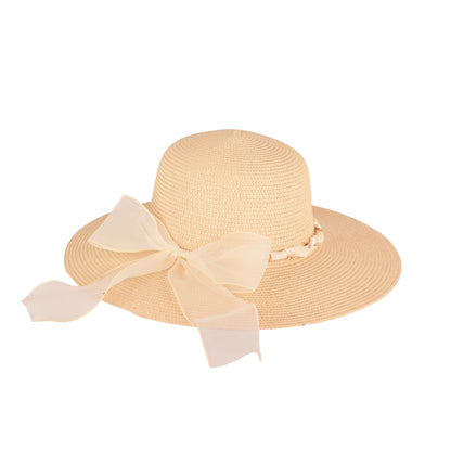 Ladies Elegant Wide-Brim Sun Hat with Sheer Bow and Pearl Accents - LHT-18