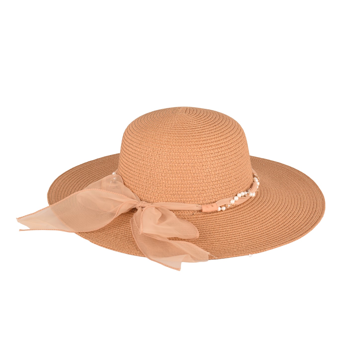 Ladies Elegant Wide-Brim Sun Hat with Sheer Bow and Pearl Accents - LHT-18
