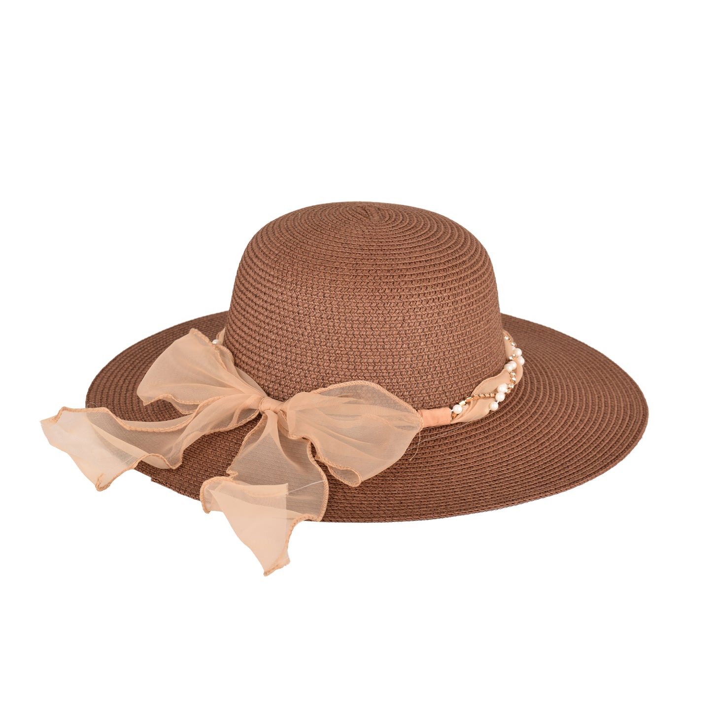 Ladies Elegant Wide-Brim Sun Hat with Sheer Bow and Pearl Accents - LHT-18