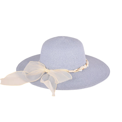 Ladies Elegant Wide-Brim Sun Hat with Sheer Bow and Pearl Accents - LHT-18