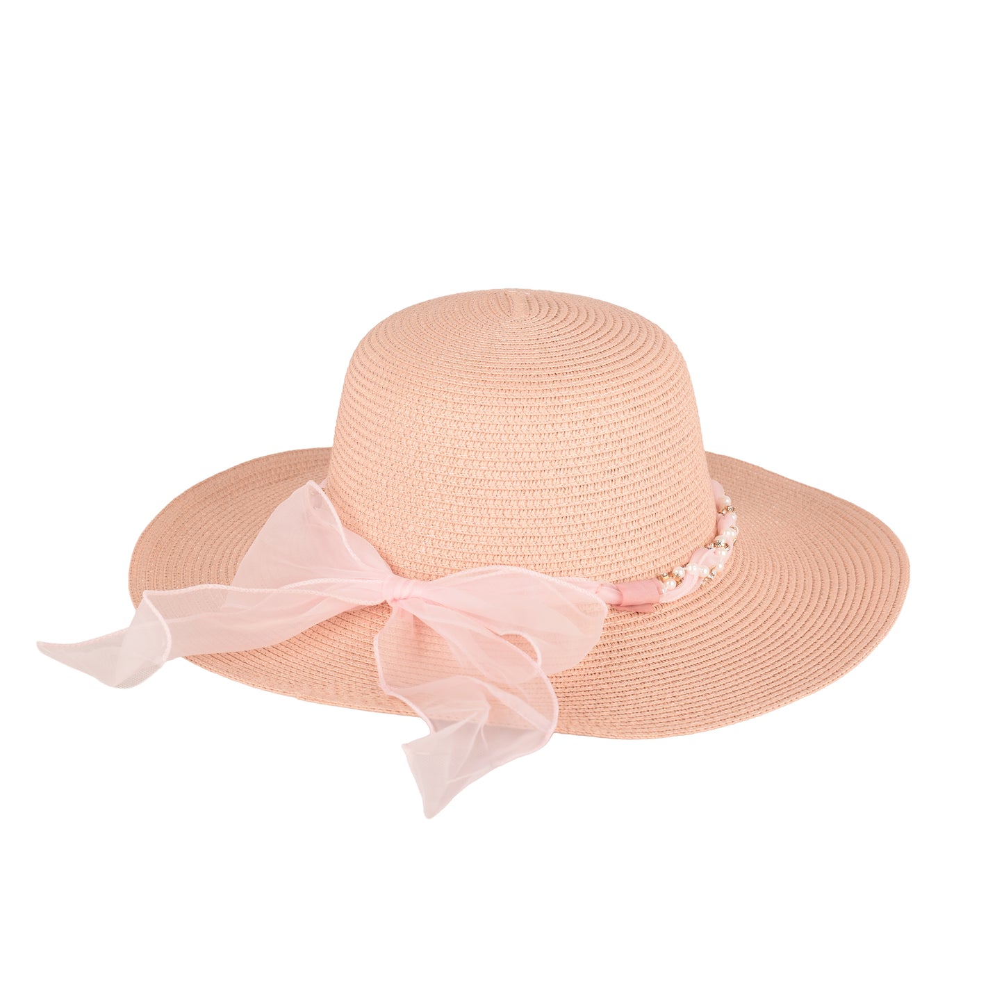 Ladies Elegant Wide-Brim Sun Hat with Sheer Bow and Pearl Accents - LHT-18