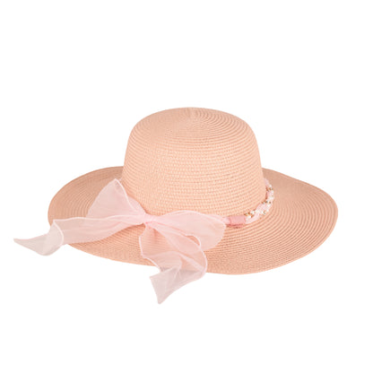 Ladies Elegant Wide-Brim Sun Hat with Sheer Bow and Pearl Accents - LHT-18