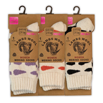 Ladies Merino Lambs Wool Socks - Cow Print (12 Pairs)
