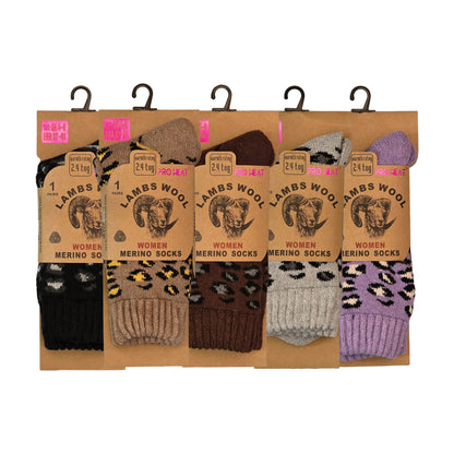 Ladies Merino Lambs Wool Socks - Leopard Print (12 Pairs)