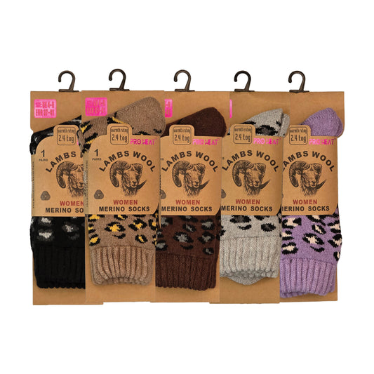 Ladies Merino Lambs Wool Socks - Leopard Print (12 Pairs)
