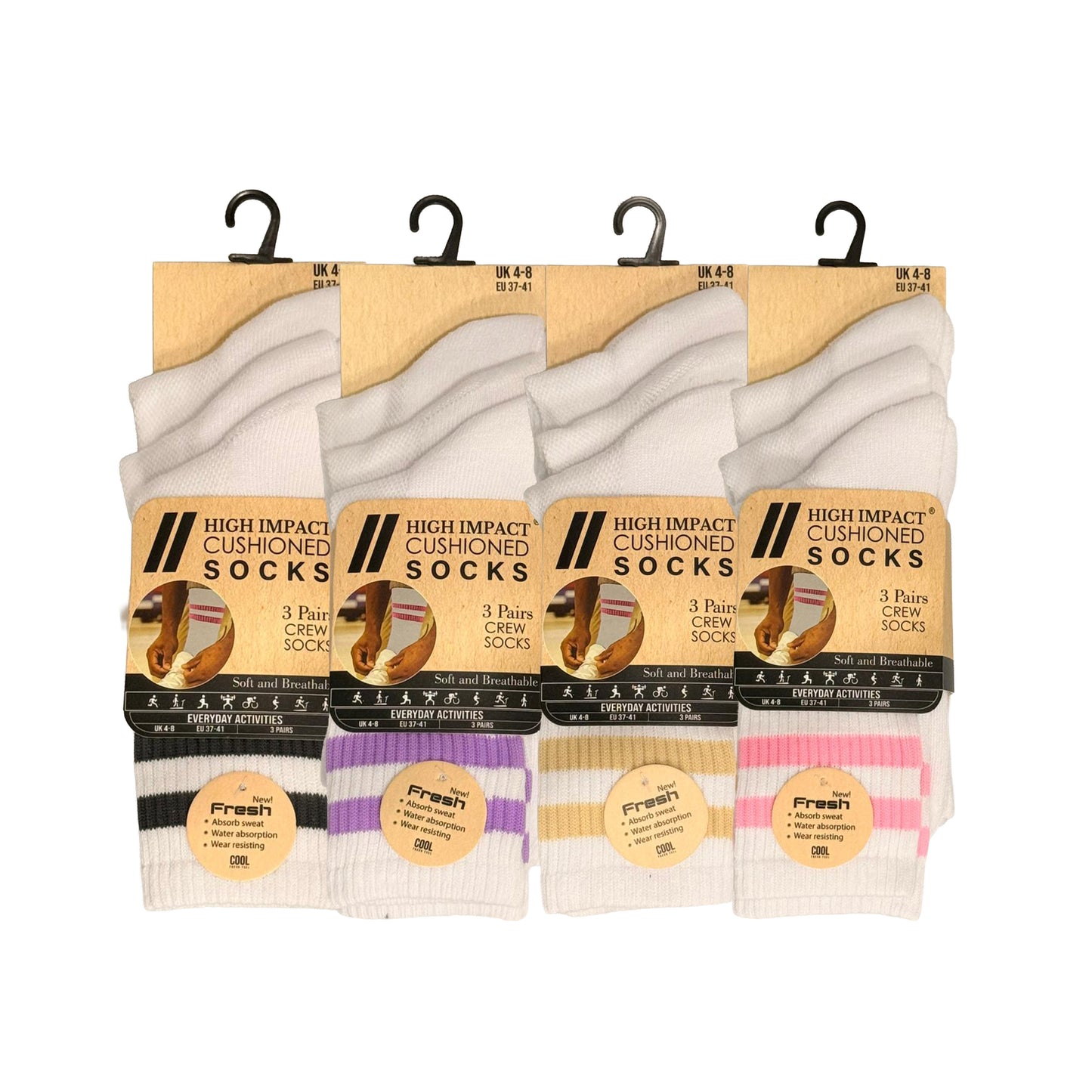 Ladies 3 Pair Cushioned Sport Socks - White - Assorted Stripes (12 Pairs)